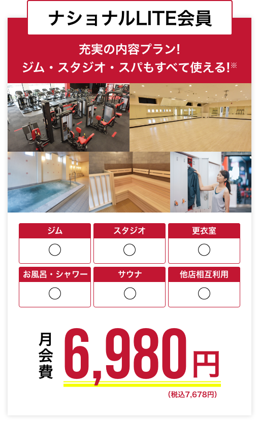 ナショナルLITE会員ー充実の内容プラン！ジム・スタジオ・スパもすべて使える！月会費6,980円（税別）が今なら０円！