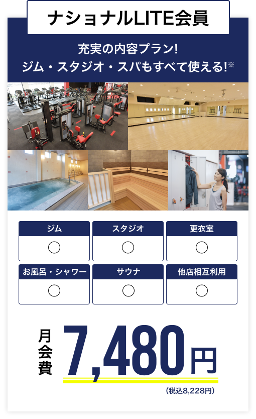 ナショナルLITE会員ー充実の内容プラン！ジム・スタジオ・スパもすべて使える！月会費7,480円（税別）が今なら０円！