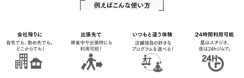 例えばこんな使い方。【会社帰りに】自宅でも、勤め先でも。どこからでも！。【出張先で】帰省中や出張時にも利用可能！【いつもと違う体験】店舗独自の好きなプログラムを選べる！【24時間利用可能】昼はスタジオ、夜は24hジムで。
